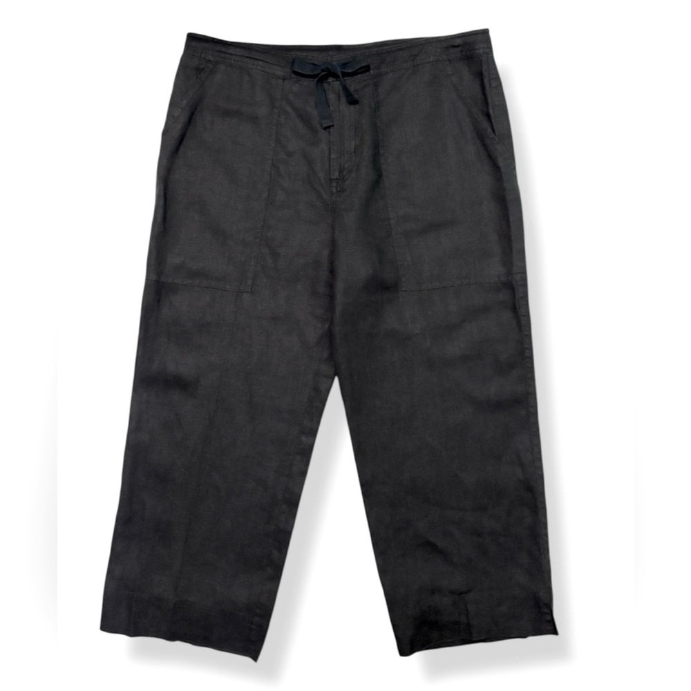 DEBRA DEROO Black Linen Wide Leg Cropped Flat Front Pants